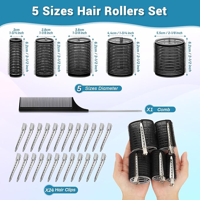 56 Pcs Hair Rollers Set for Blowout Look Long Hair, 30Pcs Rollers Hair Curlers in 5 Sizes with 24 Pcs Clips and Storage Bag for Long Medium Short Hair Volume