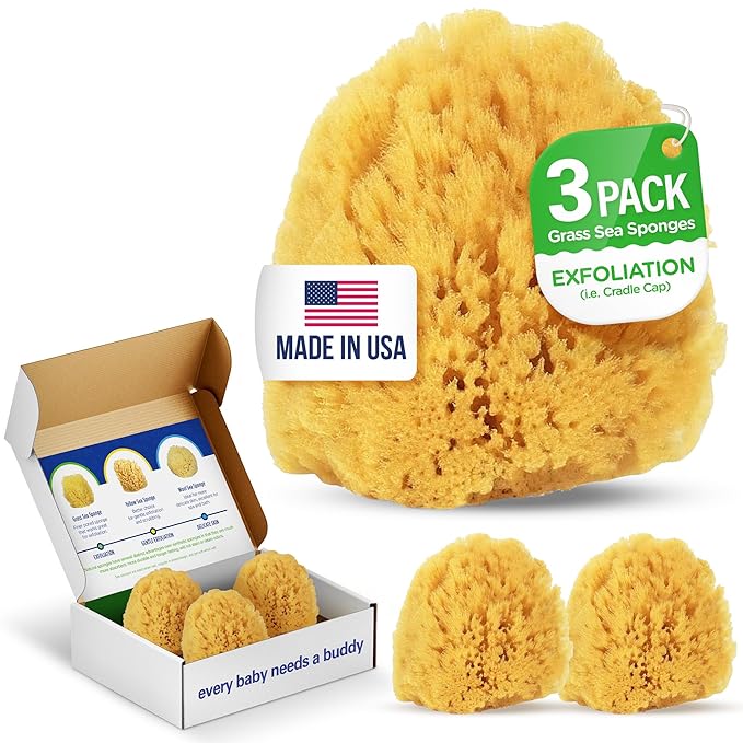 Baby Buddy Absorbent Natural Bath Sponge, Soft Exfoliating Grass Sponge, Soft on Baby's Tender Skin, Bath Accessories Baby and Kids, Infant Bath, Biodegradable, Hypoallergenic, 3pk, 4in