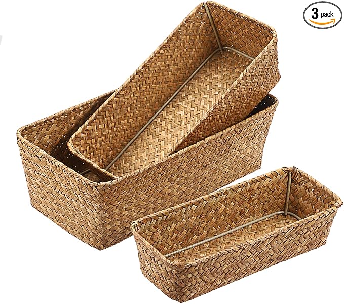 3 Natural Wicker Basket Set Rectangular Handwoven Seagrass Basket Storage Bins Home Organizer Bins - Household Basket Box for Shelf Wardrobe Desktop Home Decor (Caramel)