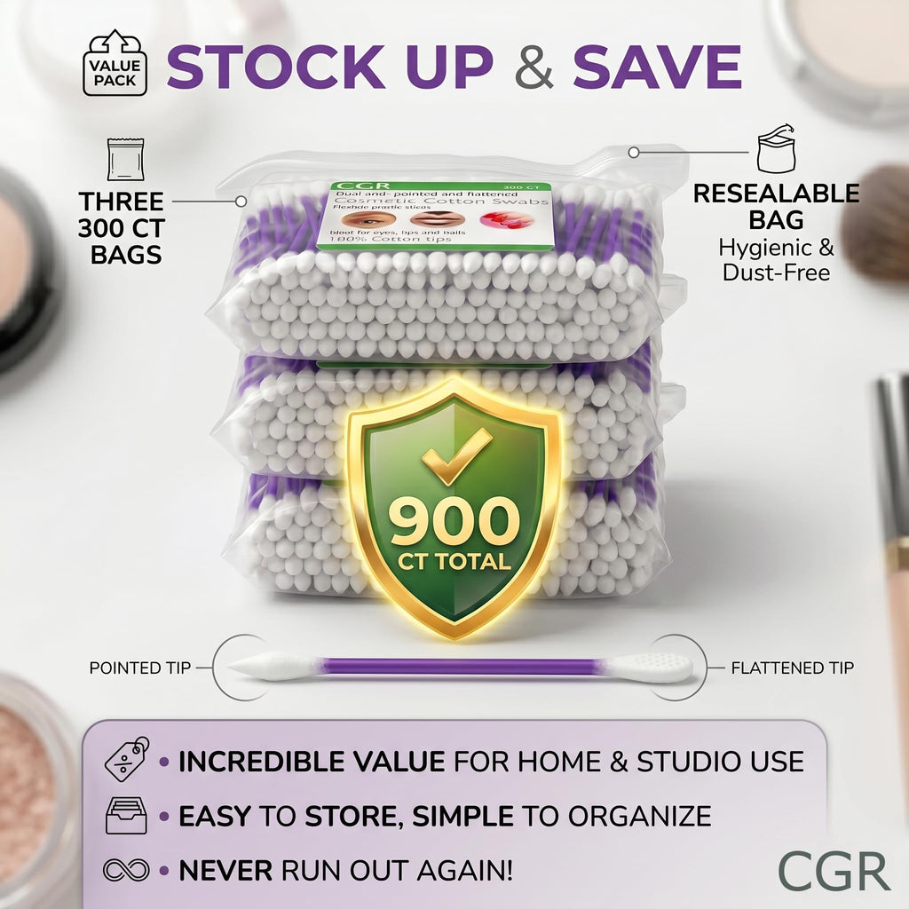 CGR 900pcs Precision Makeup Cotton Swabs, Pointed & Flat Tips, 3 Bags