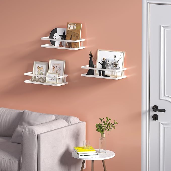 PUSDON 2-Pack Minimalist Shower Caddy Wall Mount, Open Frame Bathroom Shelf Organizer with Mesh Base, Rustproof Floating Spice Rack for Kitchen, Holds 50 LBS, 4 Hooks - White, Guardrail
