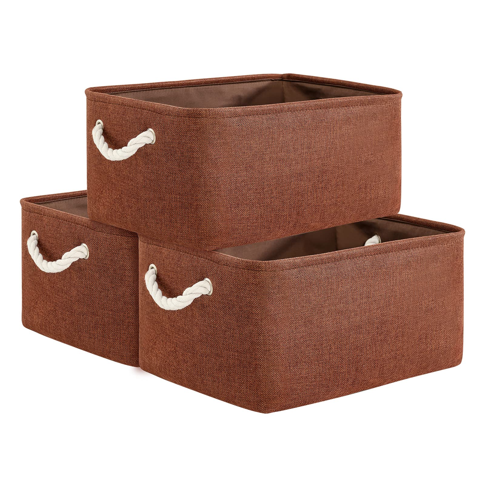TheWarmHome Decorative Basket Rectangular Fabric Storage Bin Organizer Basket with Handles for Clothes Storage (Brown,Large-3Pack,15.7L*11.8W*8.3H)