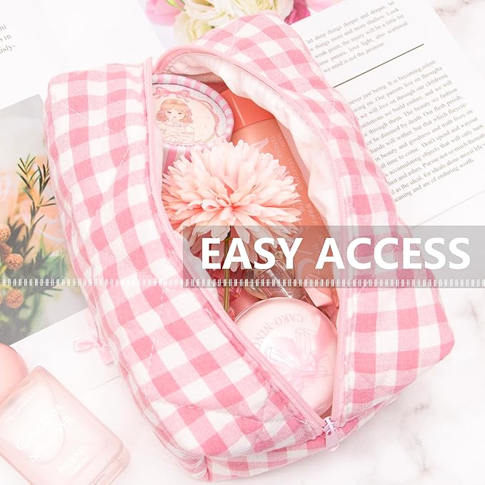 Cozy Makeup Bag for Women,Zipper Cosmetic Pouch,Checkered Pink,2 Pack