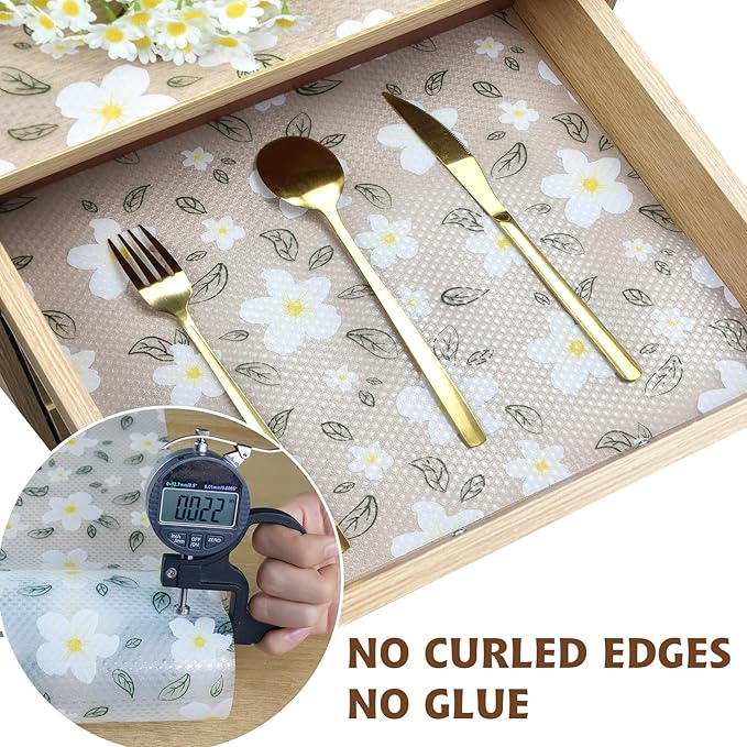 Drawer and Shelf Liner for Kitchen Cabinet,Non-Adhesive EVA Waterproof Drawer Liner for Dresser & Bathroom Vanities with Cutting Tool(12 in X 10 Ft White Cherry Blossom)