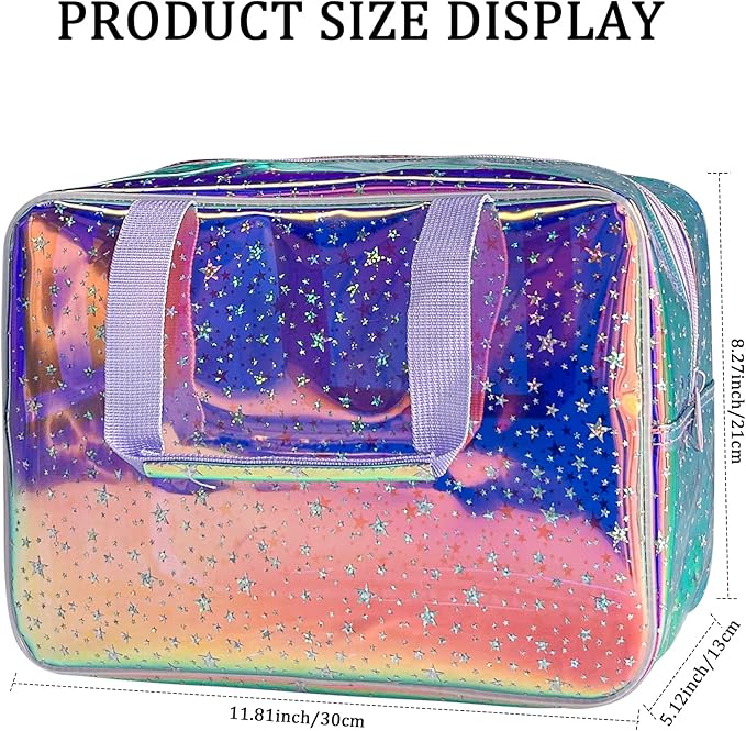TotePrint Holographic Purple Star Large Cosmetic Bag and Travel Pouch with Handle,Durable Material,Zipper Design-Ideal for Makeup,Travel Essentials (Purple Handle)