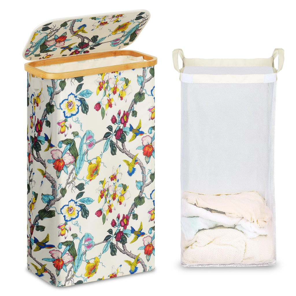 efluky Slim Laundry Hamper with Lid and Removable Bag, 75L Floral