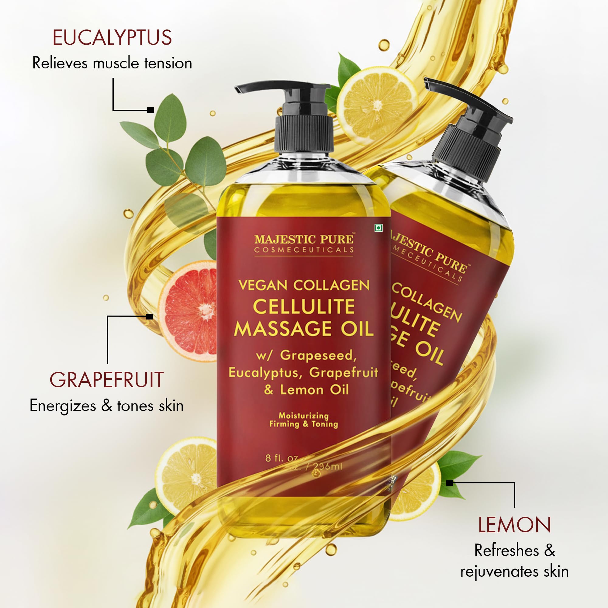 Majestic Pure Cellulite Massage Oil, Toning Body Blend, 8 Fl Oz, 2-Pack