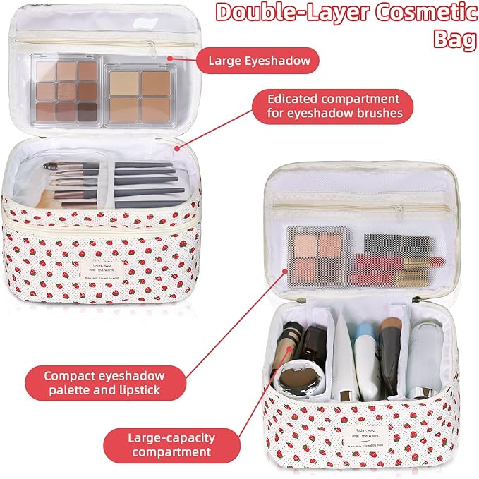 Gosect Makeup Bag, Portable Travel Make up Bag, Large Capacity Quilted Cosmetic Organizer Bag, Cute Floral Toiletry Bag for Women Girls (Strawberry)