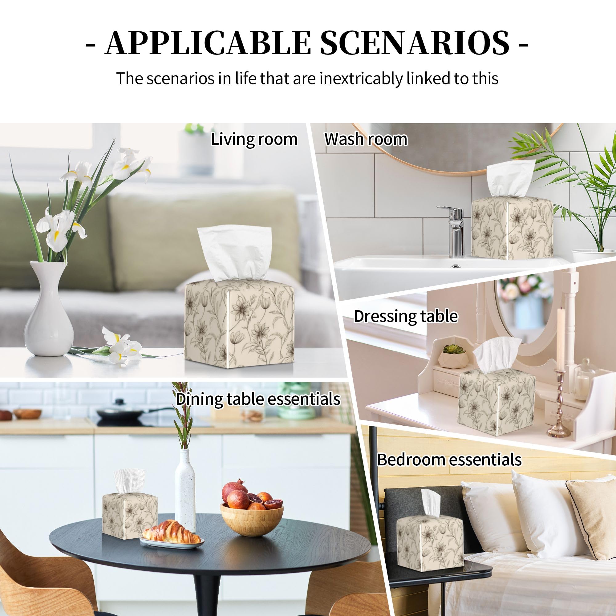 Boho Minimalist Flowers Tissue Box Cover Square, Abstract Line Floral Tissue Box Holder Waterproof Leather Facial Paper Organizer Dispenser for Bathroom Home Car Nightstand Vanity Desk