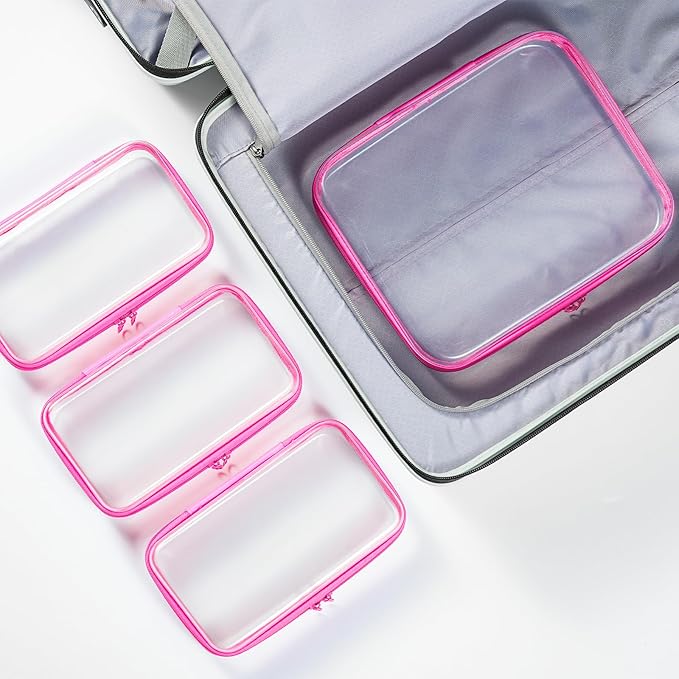 WELPIRT 4 pcs Clear Zipper Pouches, Hard Shell Zipper Case, Makeup Organizer Travel Toiletry bag, Diaper Bag, Travel Organizer, Clear Cosmetic Bag,Toy Storage Bins (M+3S Pink)