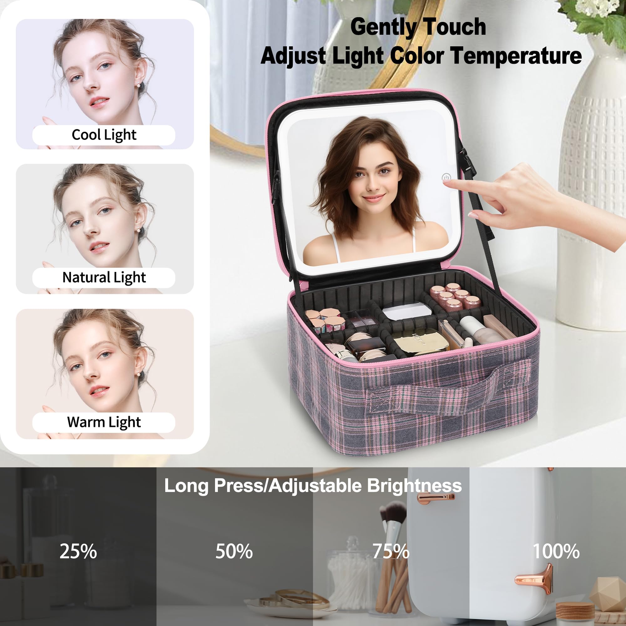 Relavel Travel Makeup Bag With LED Mirror, Portable Cosmetic Organizer Bag with Adjustable Brightness in 3 Color Scenarios, Small Train Case with Detachable Dividers for Trip- Grey Strip