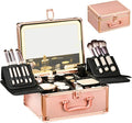 GALHUBIS Rose Gold Makeup Case with Lighted Mirror, Detachable LED Mirror, Travel Makeup Train Case, Waterproof Cosmetic Organizer, Standing Makeup Brush Holder, Gift