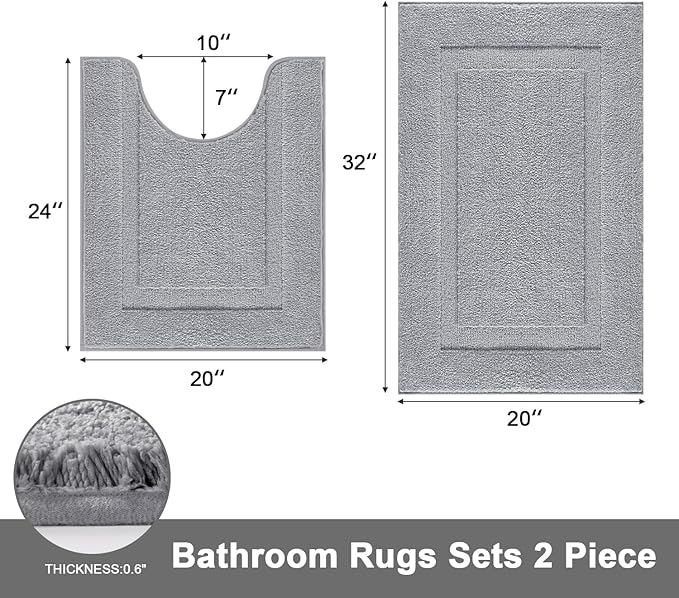 SHACOS Bathroom Rugs Set of 2 Pieces with U Shaped Toilet Rug Contoured Mat Fluffy Plush Bath Mats Non Slip Bathroom Carpet Washable (20"x24"+20"x32",Light Grey)
