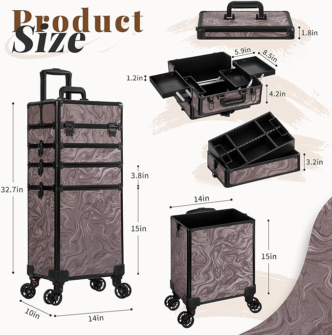 JINGUAN Professional Rolling Makeup Train Case with Lid, 5 in 1 Cosmetology Case on Wheels, Large Cosmetic Trolley Organizer Travel for Hairstylist Artist Nail Beauty Salon Barber, Brown Ink