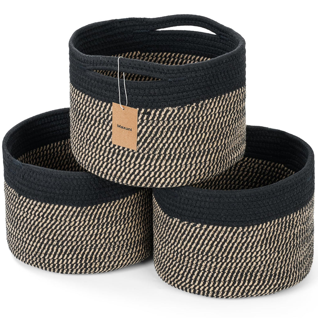 Maxuni 3 Pack Small Rope Storage Baskets, 9.82×9.82×7.1", Brown+Black