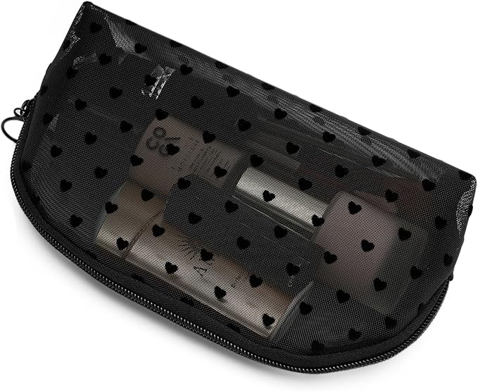 TOPASION Portable Mesh Makeup Bag with Zipper Small Travel Toiletry Bag Lightweight Cosmetic Pouch (Black&Black Heart Half Round)
