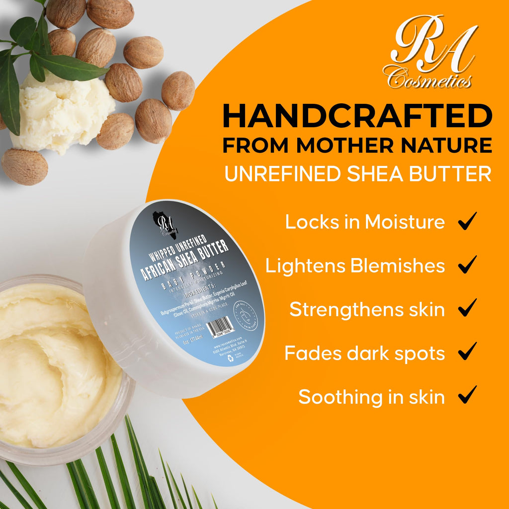 RA Cosmetics Whipped Shea Butter Baby Powder - 6oz | 100% Pure & Natural African Shea Butter for Men & Women - Ultimate Handcrafted Moisturizer with Essential Vitamins for Radiant Skin & Luscious Hair