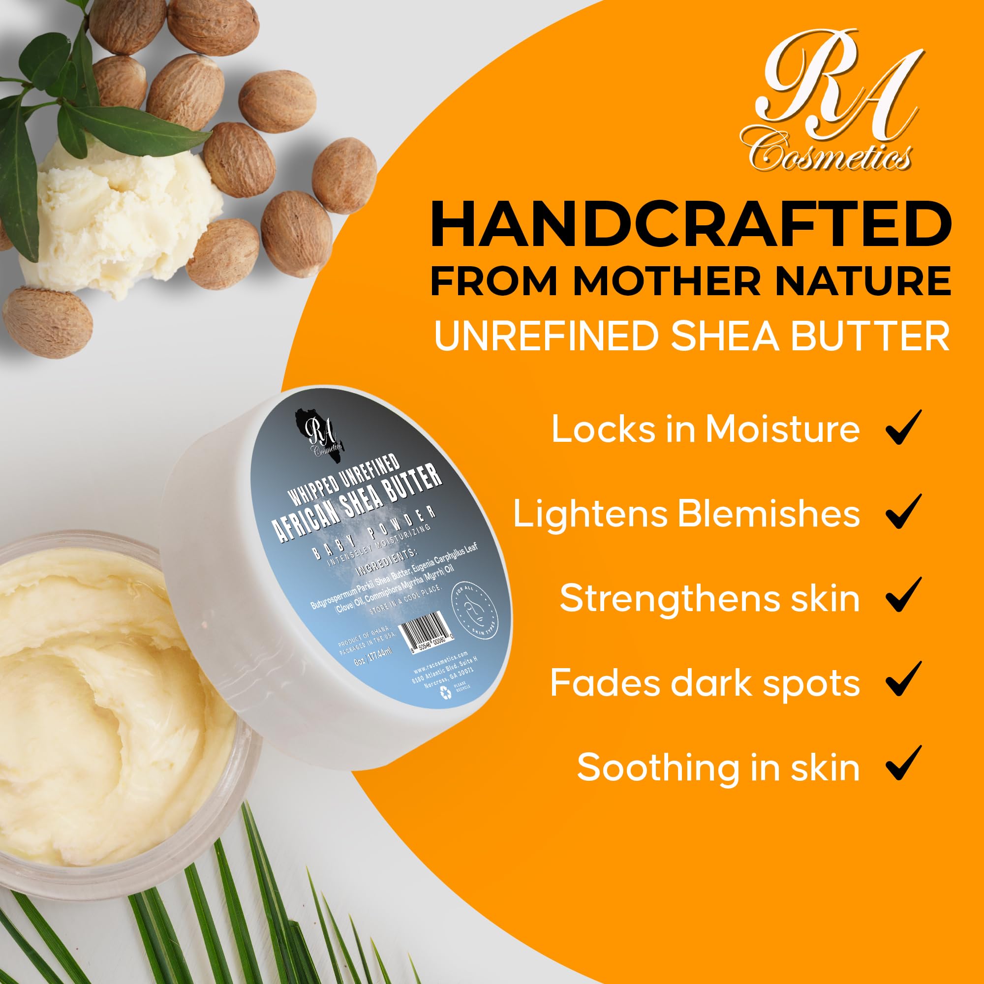 RA Cosmetics Whipped Shea Butter Baby Powder - 6oz | 100% Pure & Natural African Shea Butter for Men & Women - Ultimate Handcrafted Moisturizer with Essential Vitamins for Radiant Skin & Luscious Hair