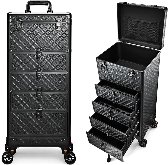 Yueieoun Nail Salon Cart with 4 Drawers,Rolling Makeup Train Case for Beauty,Cosmetology Case on Wheels Trolley Cart,Lockable Organizer Travel Case for Manicure/Face Painting/Hairstylist,DARK GREEN