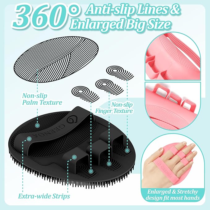 Upgrade Silicone Bath Glove 4PCS, 360° Anti-Slip & Enlarged Silicone Body Scrubber for Rich Foaming Deep Cleaning, Revolutionary No-Grip & Hand-fit Shower Scrubber for All Skin Types.(4-Color)
