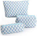 Gocvo 3 Pcs Makeup Bag Cosmetic Bag Set for Girls Women Checkered Travel Organizer Bathroom Toiletry Pouch Large Capacity Storage Bag (Blue-White)