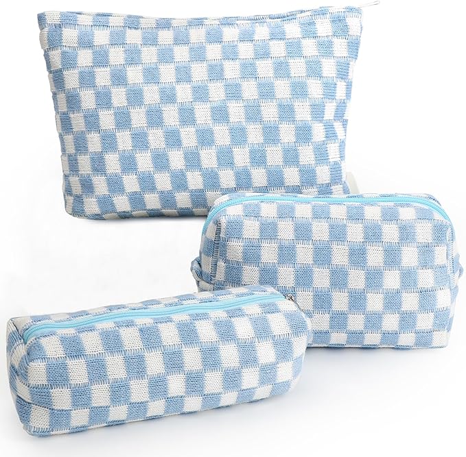 Gocvo 3 Pcs Makeup Bag Cosmetic Bag Set for Girls Women Checkered Travel Organizer Bathroom Toiletry Pouch Large Capacity Storage Bag (Blue-White)