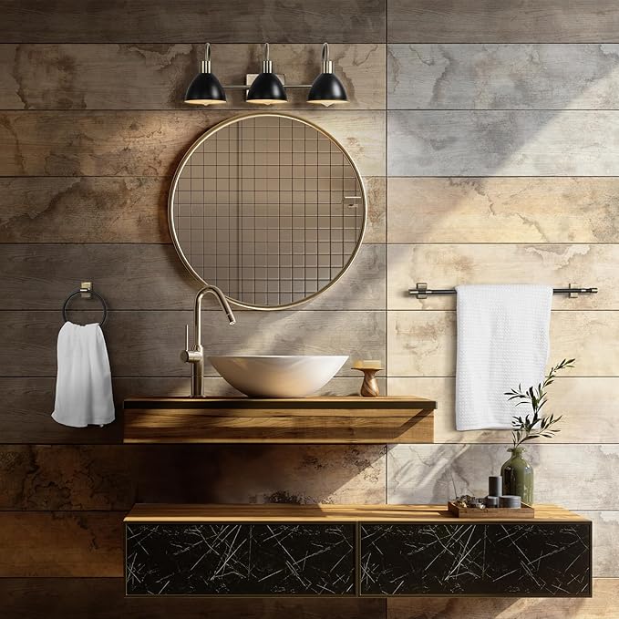 GLOBE Electric 63000058 5-Piece All-in-One Bathroom Accessory Set, Brass & Black, 3-Light Vanity Light, Towel Bar, Toilet Paper Holder, Towel Ring, Robe Hook, Bathroom Lights Over Mirror