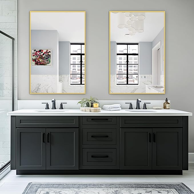 TRAHOME Bathroom Vanity Mirror for Wall, 2 Pack 36" x 24" Metal Framed Rectangular Bathroom Wall Mirror for Over Sink, HD Shatterproof Glass, Hangs Horizontally or Vertically(Gold)