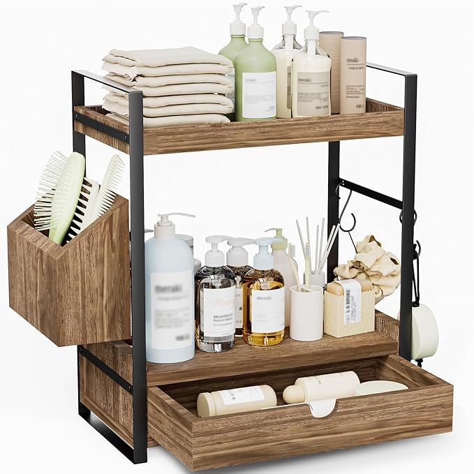 2-Tier Bathroom Counter Organizer, Acacia Wood Vanity Shelf with Drawer