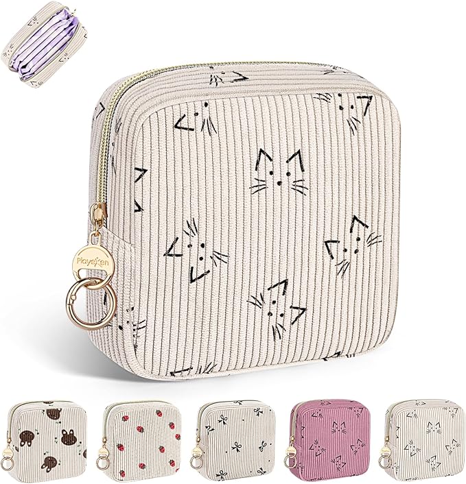 Period Bag for Teen Girls, Corduroy Cute Cats Sanitary Napkin Storage Bag, Menstrual Pad Pouches Tampon Holder for Purse (Beige-Cats)