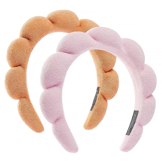 Ztomine Spa Headbands, Set of 2 - Terry Cloth Face Wash Headbands for Women - Puffy Makeup Headbands for Facial, Mask (Pink, Orange)
