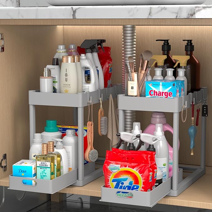 POUGNY 2PC Under Sink Organizer Rack 2 Tier Under Sliding Cabinet Basket Organizer Drawer with 4 Hooks, Multi-purpose Under Sink Storage for Bathroom Kitchen Desktop（Grey）