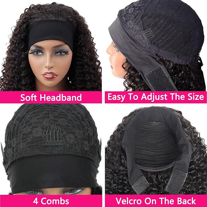 Aiterina Headband Wig Human Hair Kinky Curly Brazilian Virgin Curly None Lace Front Wigs for Black Women Headband Wig Human Hair Scarf No Gel Gluelees Remy Hair Natural Color (Headband Wig, 28inch)