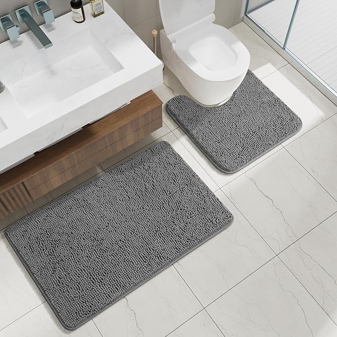 AROGAN Bathroom Rug Sets 2 Piece, 20"x20" U-Shaped Toilet Mat and 21"×34" Bath Mats Bathroom Floor Set, Machine Washable Bath Rug Set, Absorbent and Dry Quickly, Soft Non Slip Rug, Grey