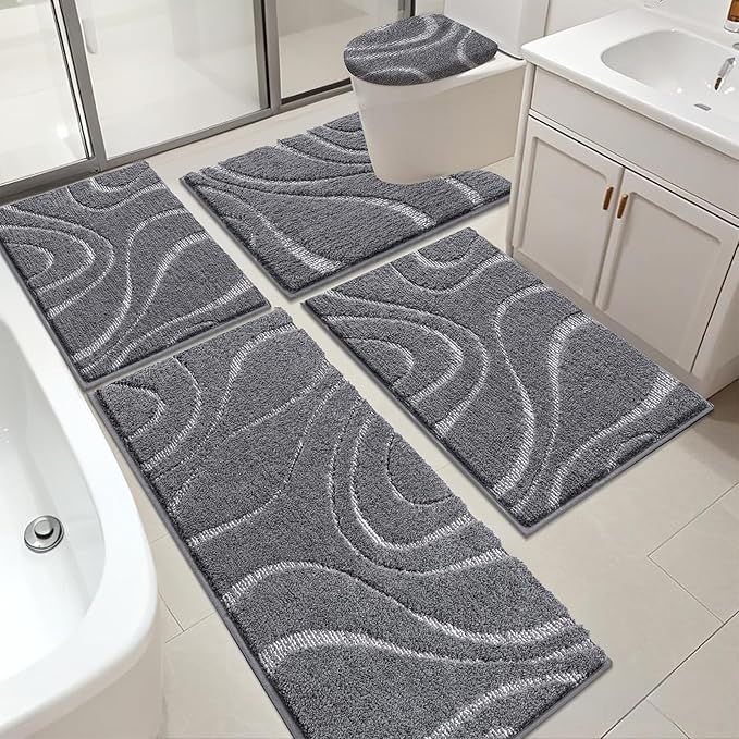 HEBE Bathroom Rugs Sets 5 Piece, Soft Absorbent Microfiber Bath Mat for Bathroom, Non Slip Washable Bath Rug Set with Toilet Cover, Bath Runner and U-Shaped Contour Toilet Rug, Stone Grey