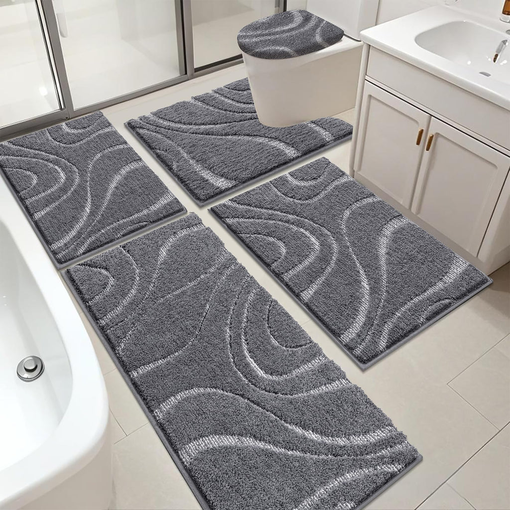 HEBE Bathroom Rugs Sets 5 Piece, Non Slip Washable Absorbent Bath Mat Set