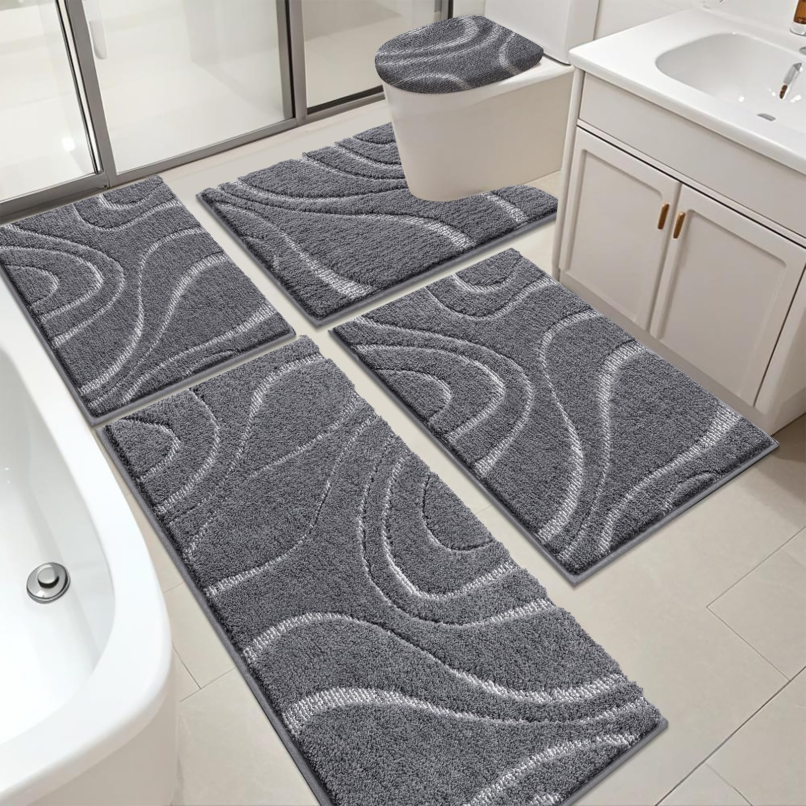 HEBE Bathroom Rugs Sets 5 Piece, Non Slip Washable Absorbent Bath Mat Set