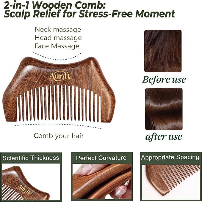 Aurift Mother’s Day Gift for Mom, Relaxation Gifts Set, Wooden Gua Sha Tool Set – Face & Scalp Manual Guasha Massager for Tension Relief, Portable Mini Wooden Massage Comb, Self Care Gift-Ready Box