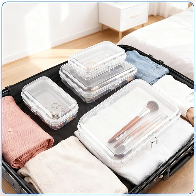 Clear PET Plastic Storage Boxes with Double Zippers, 4 Sizes (S/M/L/XL) Waterproof Organizer Cases for Toys, Cosmetics, Snacks, Travel Essentials (White)