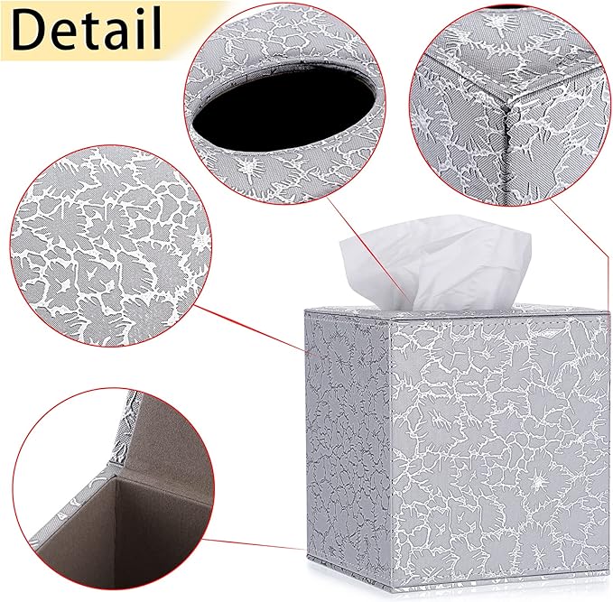 Sumnacon Square Leather Tissue Box Cover - Stylish Cube Tissue Box Holder with Magnetic Bottom, Decorative PU Tissue Box for Vanity Dresser Night Stand Table Countertop Home Office Car, Silver