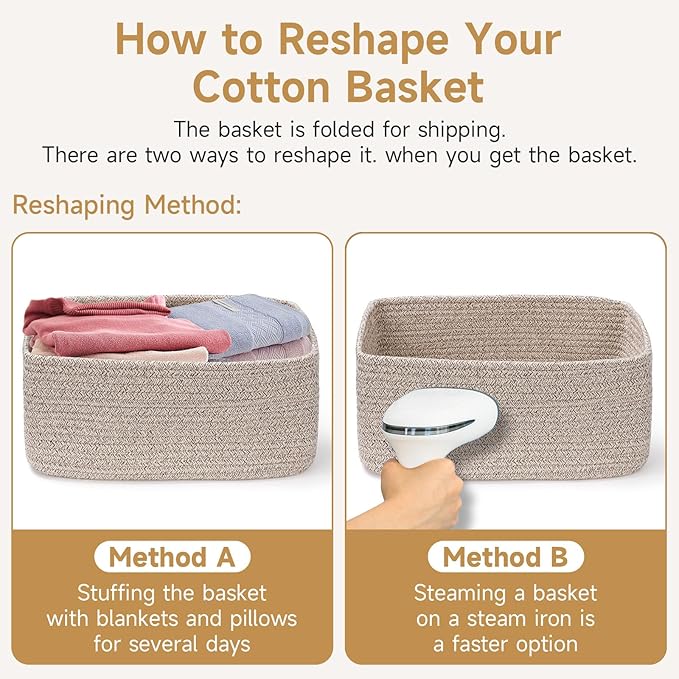 3-Pack Storage Baskets for Organizing | Woven Shelf Toy Basket | Rope Baskets for Gifts Empty | Closet Organizer Bins with Handles | Cube Decorative Box | 13.7×7.1×6.7” | Sky Blue
