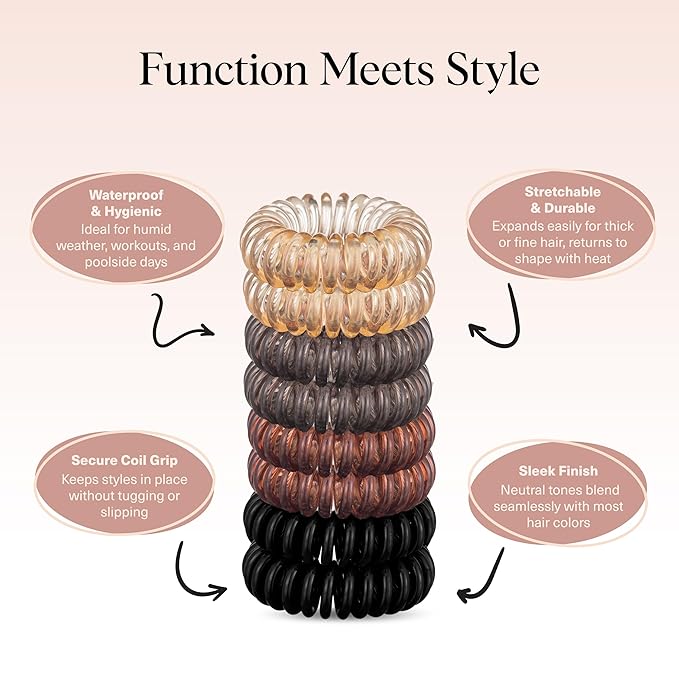 Kitsch Spiral Hair Ties for Women – Coiled Plastic Hair Ties No Damage, Ponytail Holders for Thick and Thin Hair – Creaseless and Dent-Free, Phone Cord Style - Brunette, 8 Pcs