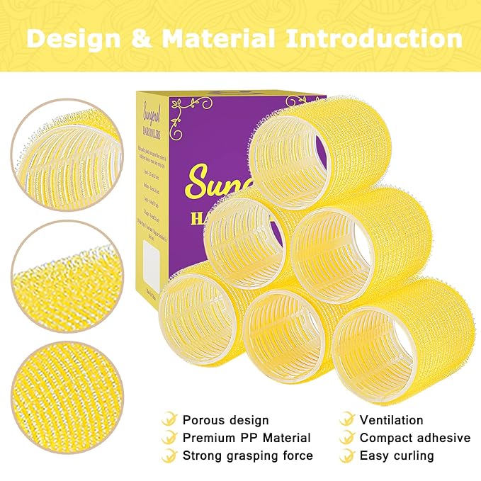 Self grip hair roller set,18 pcs,Hair rollers with hair roller clips and comb,Salon hairdressing curlers,DIY Hair Styles, Sungenol 3 Sizes Yellow Hair Rollers in 1 set