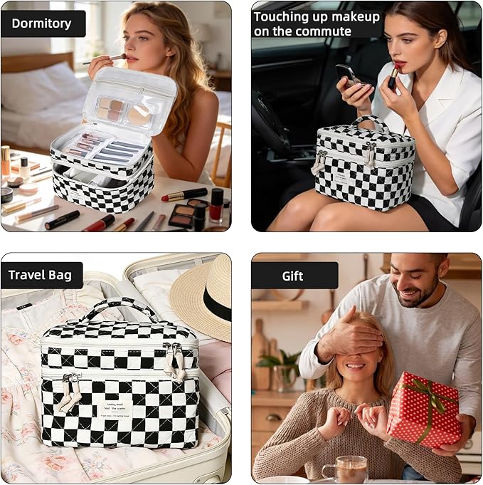 Gosect Makeup Bag, Portable Travel Make up Bag, Large Capacity Quilted Cosmetic Organizer Bag, Cute Floral Toiletry Bag for Women Girls