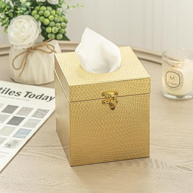 UPPER DECOR Gold Tissue Box Cover, Elegant Square Tissue Box Holder for Bathroom, Bedroom, and Office, Modern Decorative Tissue Box for Home Décor