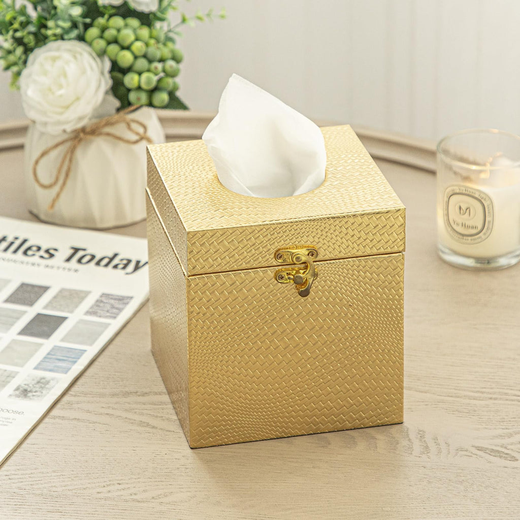 UPPER DECOR Gold Tissue Box Cover, Elegant Square Tissue Box Holder for Bathroom, Bedroom, and Office, Modern Decorative Tissue Box for Home Décor
