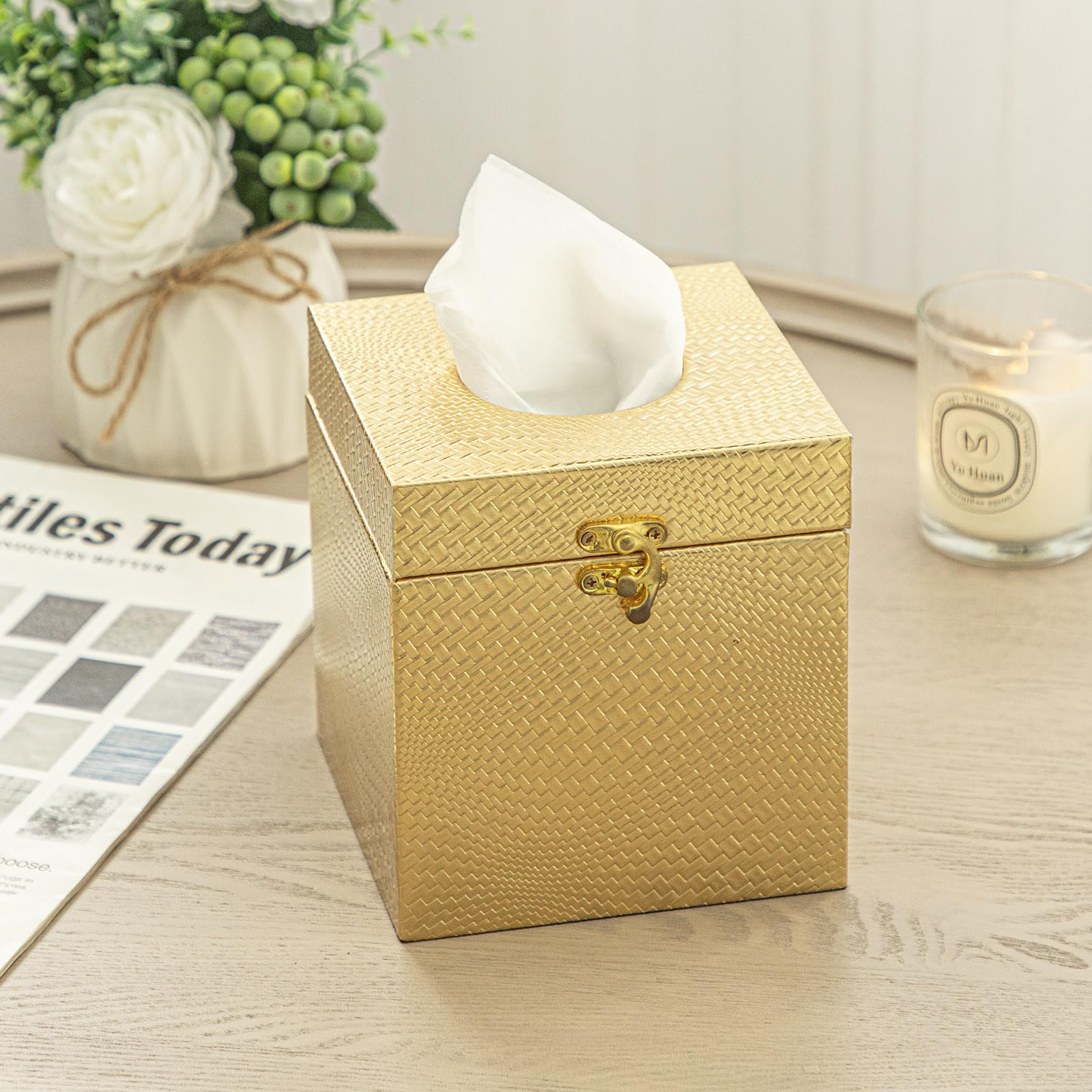 UPPER DECOR Gold Tissue Box Cover, Elegant Square Tissue Box Holder for Bathroom, Bedroom, and Office, Modern Decorative Tissue Box for Home Décor