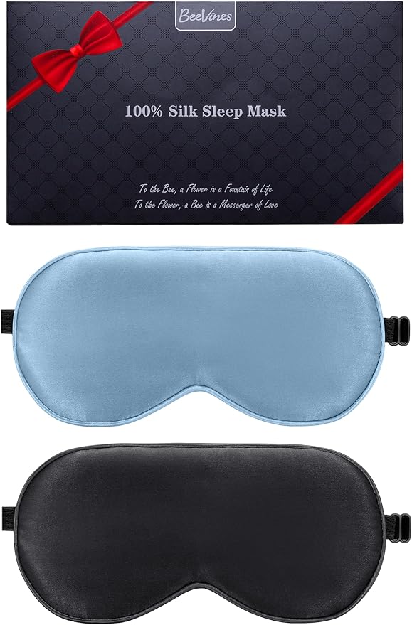 BeeVines 100% Real Mulberry Silk 2 Pack Sleep Mask, Pure Silk Eye Masks with Adjustable Strap for Sleeping, Block Light Eye Shade Cover, Reduces Puffy Eyes Traveling Gifts(Black & Pastel Blue)