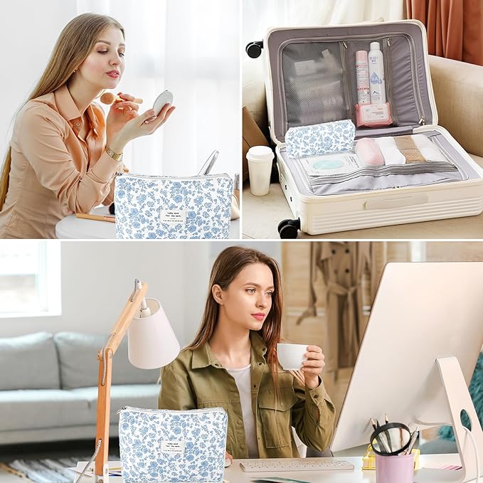 Lestp 2Pcs Quilted Cotton Makeup Bag Travel Makeup Brush Bag Large Small Pouch Set for Women Floral Coquette Makeup Bags Cute Aesthetic Cosmetic Pouch Blue Toiletry Organizer Storage Bags