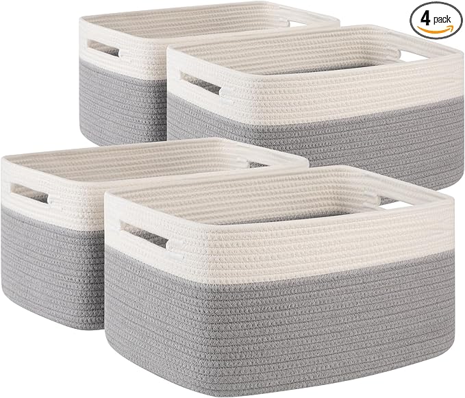 SIXDOVE 4 Pack Storage Baskets for Organizing, Woven Baskets for Shelves - Perfect for Toys, Books, Towels, and Clothes, Durable Gift Basket Bins Toy Storage, 15.7''Lx11.8''Wx7.8''H, Grey and White